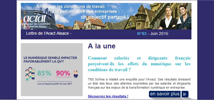 Lettre de l'Aract Alsace - N�63 - Juin 2016 - Comment salari�s et dirigeants fran�ais per�oivent-ils les effets du num�rique sur les conditions de travail ?
